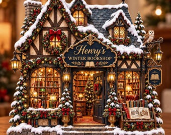 Personalized Christmas Village Wooden Block, Vintage Bookshop Decor, Winter Bookstore Shelf Sitter, Christmas Gift for Readers