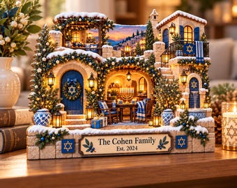 Bloc de bois personnalisé pour Hanoukka, décoration de village juif d'hiver, plaque personnalisée avec nom de famille, décoration de table Menorah, cadeau pour les fêtes juives