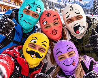 Cagoule humoristique, masque d'hiver à motifs emoji, masque de ski/snowboard original, déguisement de groupe amusant, cadeau idéal pour un séjour au ski entre amis.
