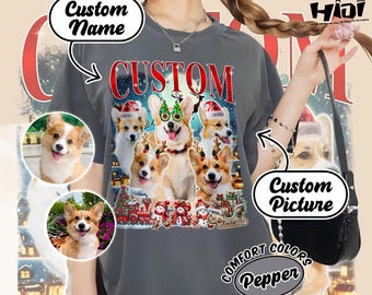 カスタマイズ可能な偽造ペットクリスマスシャツ、カスタム写真ペットポートレートTシャツ、パーソナライズされた名前入り犬猫愛好家ホリデーシャツ、サンタ猫の偽造ギフト