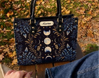 Personalized Moon Phase Leather Handbag, Custom Name Celestial Purse, Grimoire Book Bag, Witchy Reader Gift, Book Lover Handbag