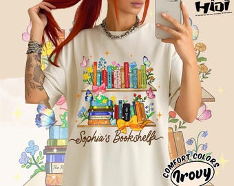 Custom Bookshelf Shirt Comfort Colors, Personalized Book Names Tshirt, Gift For Bookworm Librarian, Book Lovers Tshirt, Bookish Gifts
