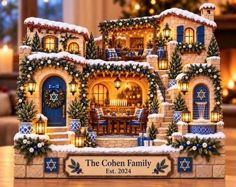 Bloc en bois personnalisé pour village de Hanoukka, décoration familiale juive personnalisée, maison de fête avec étoile de David, décoration d'étagère pour Hanoukka