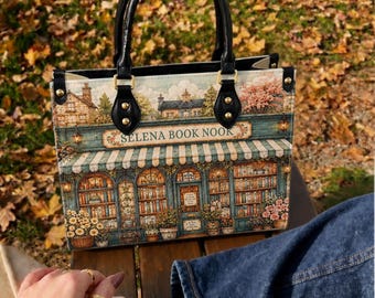 Sac à main en cuir personnalisé « coin lecture », sac librairie personnalisé, sac fleuri « bibliothèque », cadeau pour les passionnées de lecture.