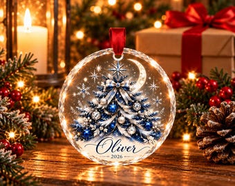 Ornement de Noël personnalisé en verre, souvenir des fêtes bleu et argent, cadeau de Noël élégant