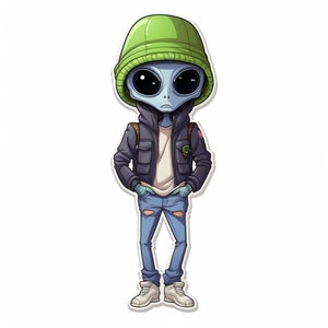 May include: A cartoon illustration of a gray alien wearing a green beanie, a dark blue jacket, light blue jeans with holes, and white sneakers. The alien has large black eyes and a serious expression.