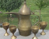 Vintage Etched Arabian Dallah Tea Pot and 4 Cups 1950 Era
