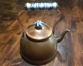 Vintage Gooseneck Copper Teapot with Blue and White Porcelain Handle and Knob on Lid