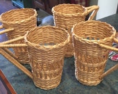 Vintage Tall Rattan Wicker Weave Jiangsu China Cup Holders with Handles 1970 Era