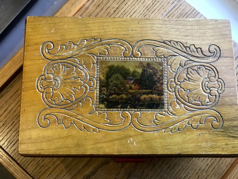 Vintage Cedar Chest Jewelry Box With Feet and Picture on Top Etsy