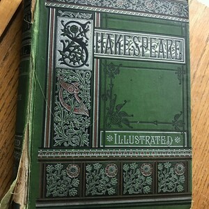 Rare Shakespeare Illustrated Hardback Book with Green Cover and Ornate Silver Trimmings 1800 Era