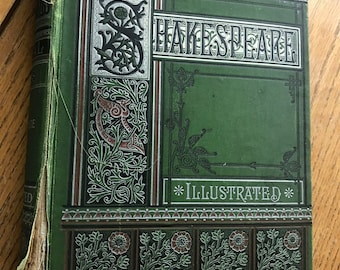 Rare Shakespeare Illustrated Hardback Book with Green Cover and Ornate Silver Trimmings 1800 Era