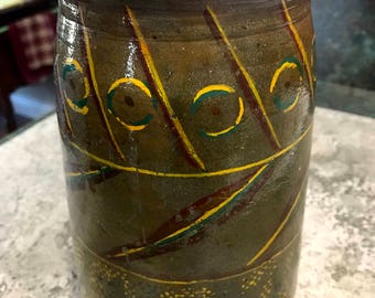Antique  "Rare"  Wax Sealing Salt Glaze Stoneware Canning Jar Hand Painted 1800 Era