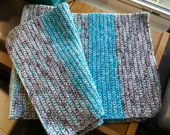 Handmade Crocheted Adult Lap Blanket Afghan Turquoise, Brown and White Mixed