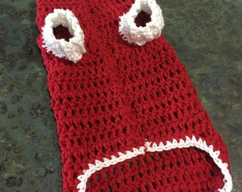 May include: Red crocheted dog sweater with white trim. The sweater has armholes and a neck opening.