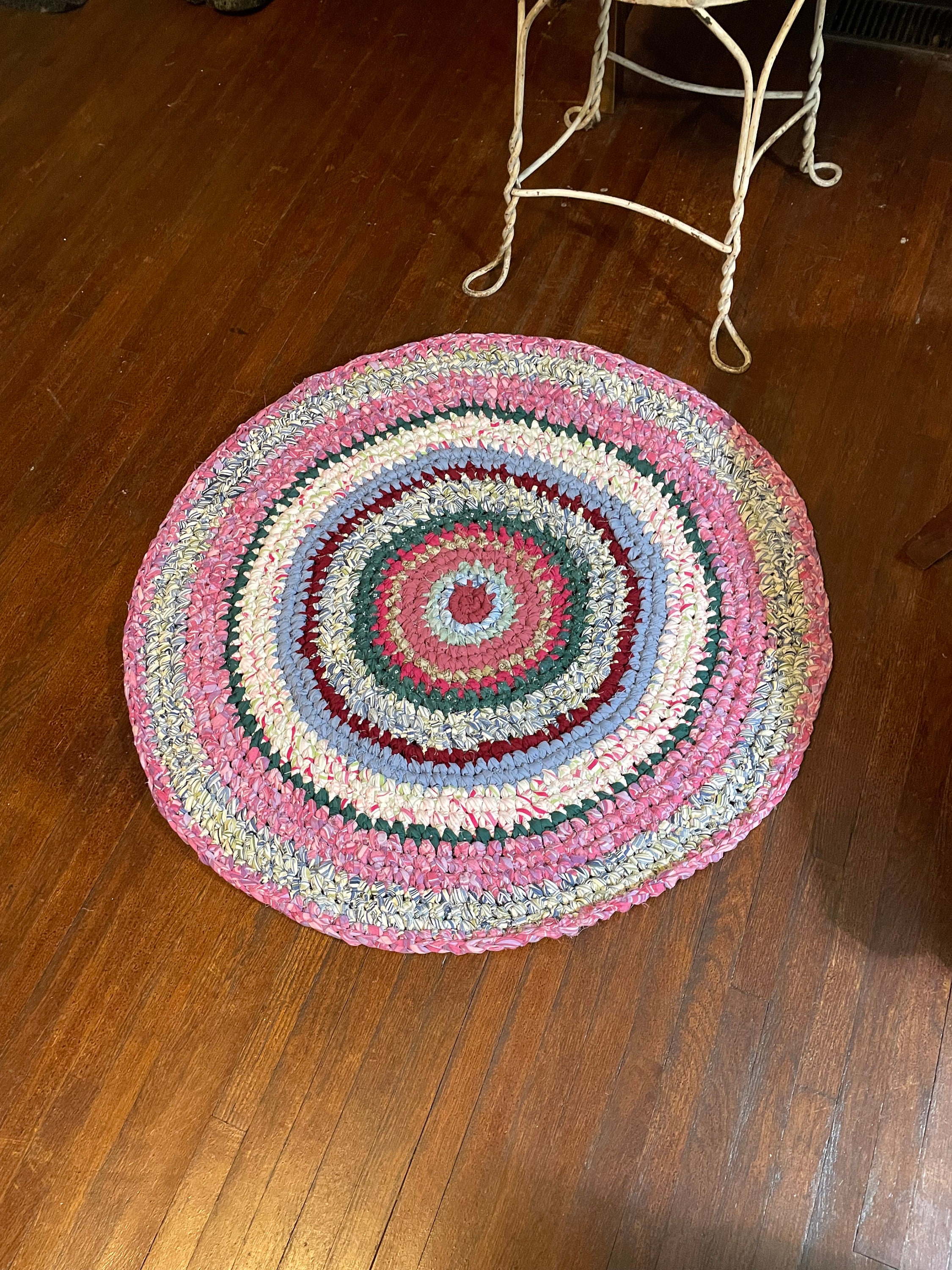 Handmade Farmhouse Rag Rug 32 Inch Diameter Reds, Blues and