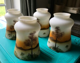 Antique Porcelain Hand Painted Hanging Lamp Globes Mountains and Trees Qty of 4