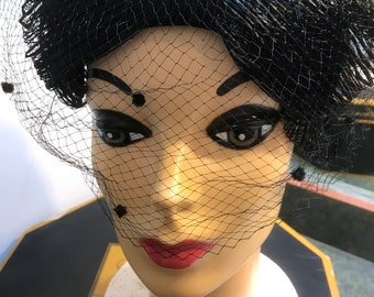 Vintage 1950's Black Fascination Cocktail Woman's Hat with Netting