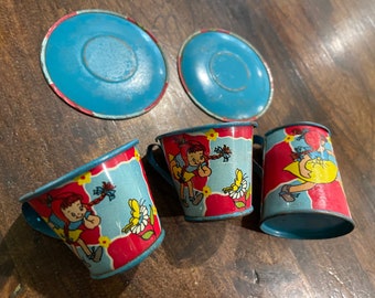 1940's 50s Ohio Art Toy Tin Childs Metal Tray Saucers Cups Pitcher