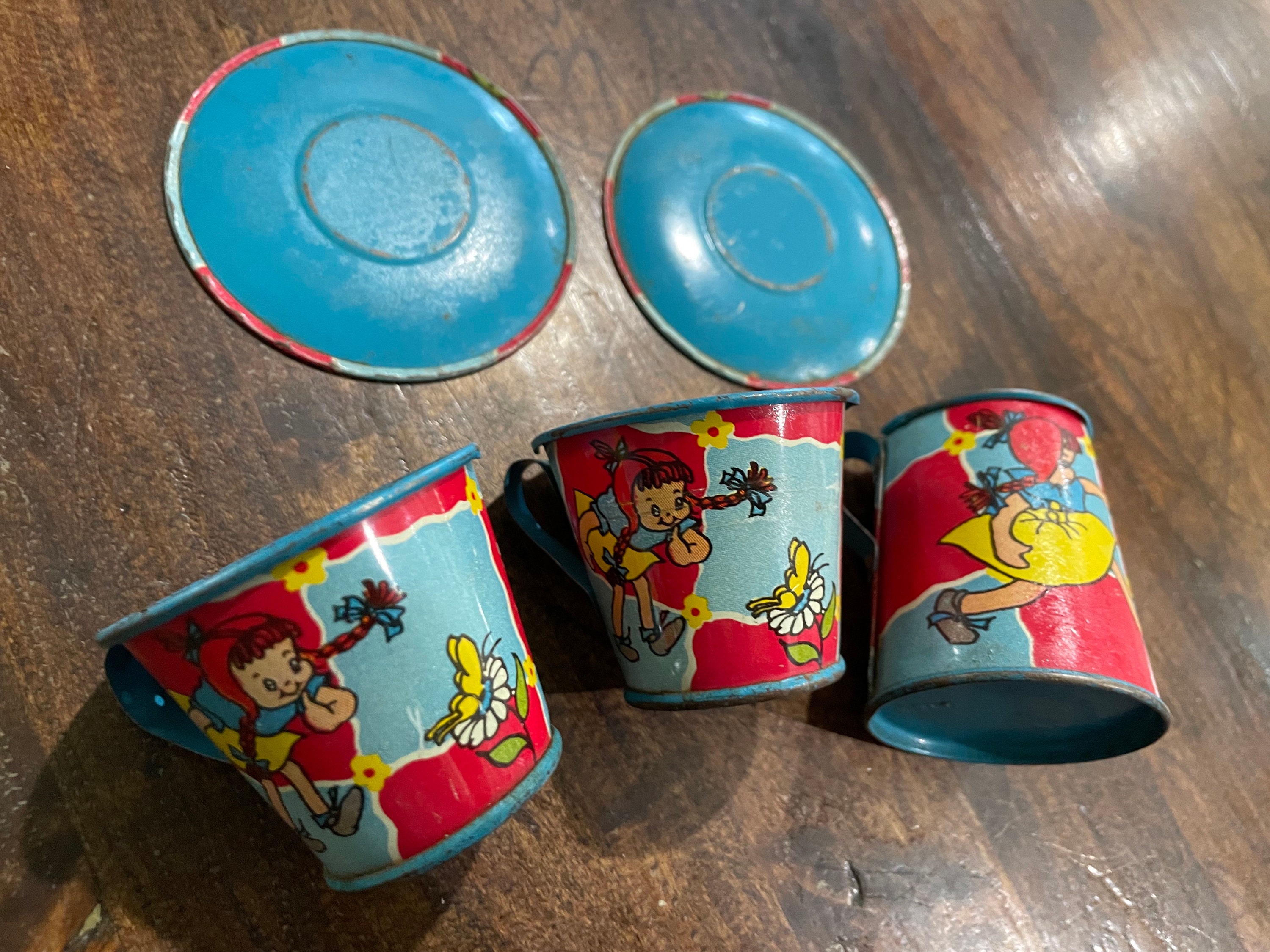 1940's 50s Ohio Art Toy Tin Childs Metal Tray Saucers Cups Pitcher