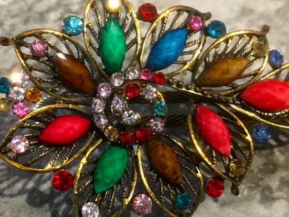 Vintage Art Deco Style Large Flower Rhinestone Hair Clip Vintage Art Deco Style Large Floral Colored Rhinestones Hair  main image 3