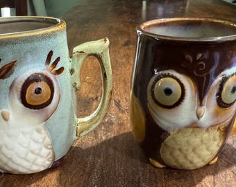 Qty of 2 Hand Painted Stoneware Pottery Owl Coffee Mugs by Gibson