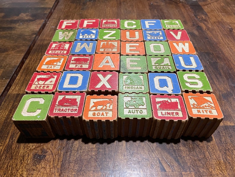 Block Lettering 1930s 1930s 40s Grooved Wood Stacking Animal Vehicles and Letters Blocks Etc ...