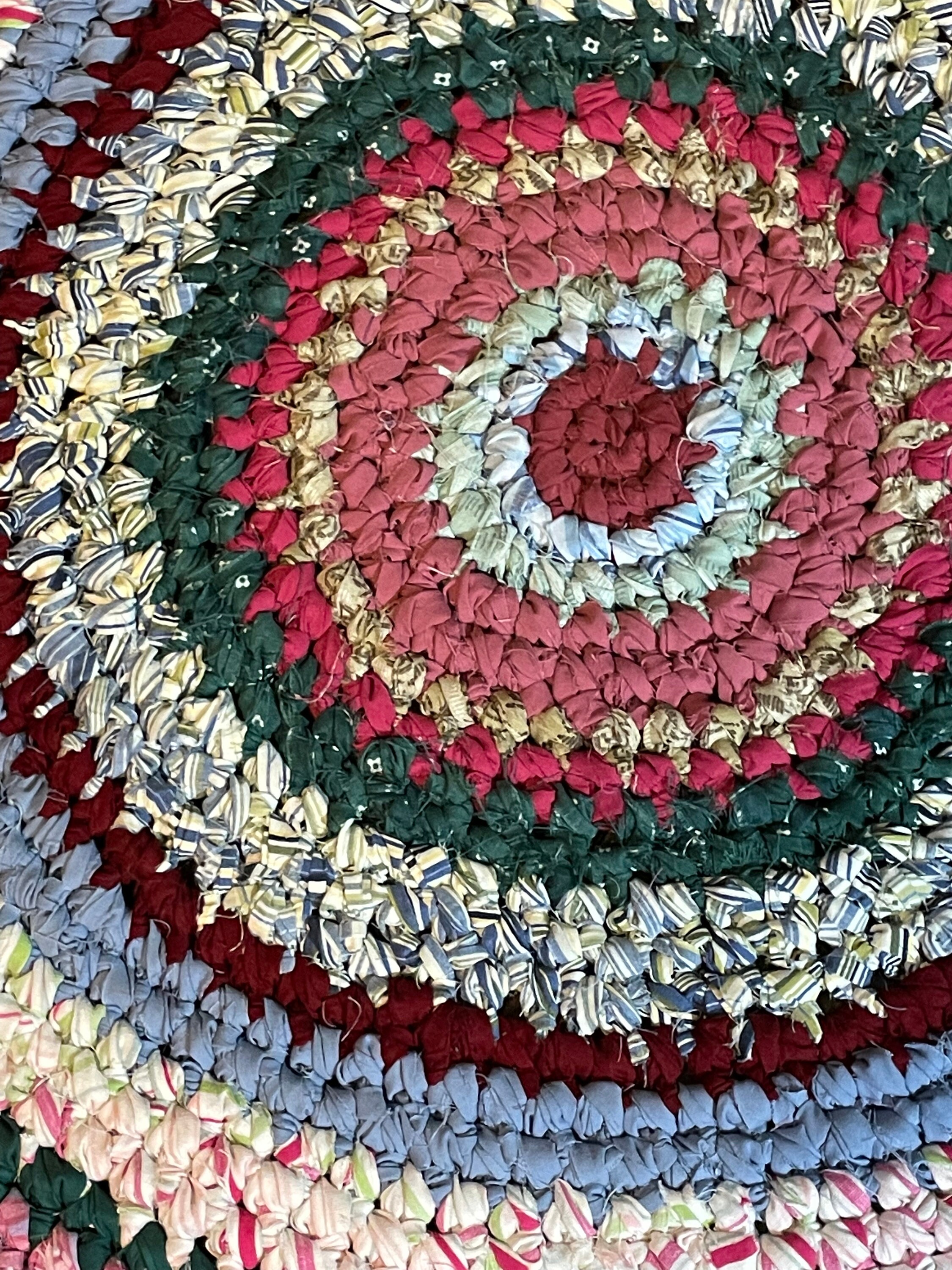 Handmade Farmhouse Rag Rug 32 Inch Diameter Reds, Blues and