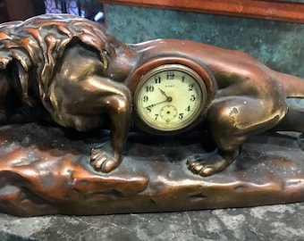 Large Bronze Walking Lion with 8 Day Clock Sculpture 1800 Era