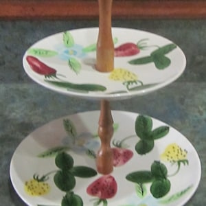 Vintage 2 Tier Tid Bid Sandwich Tray Purinton Blue Ridge Pottery Strawberries 1940 Era