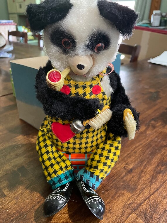 1960s Alps Japan Shoe Shine Pipe Smoking Panda Tin Litho Battery