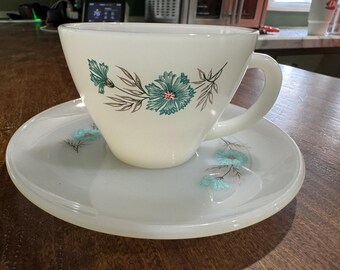 1950's to 1960's Vintage Fire King Bonnie Blue Flowers Coffee Cup and Saucer