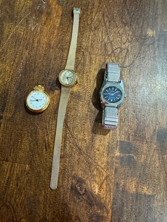 1970's Gold Tone Tiny Pocket Watch and 2 Wrist Wa… - image 1