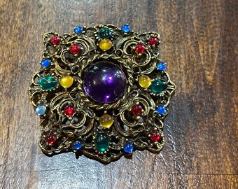 1950’s　blue×gold multicolor glass　brooch Vintage Exquisite Brooch, Gold & Blue Art Glass, Large 1950s