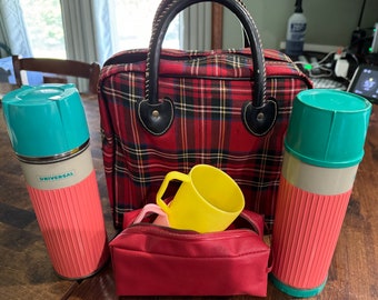 1950's Unique Picnic Set w 2 Universal Thermoses Extra Cups Scottish Plaid