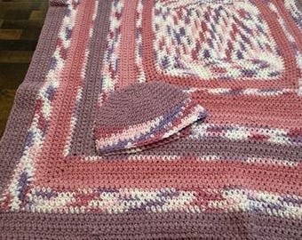 Handmade Crocheted Shower Gift Baby Blanket and Hat Pink Purple Mauve and White