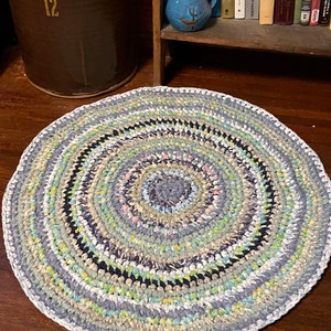 Handmade Farmhouse Rag Rug 35 Inch Diameter White, Greens, Blues, Yellows etc.