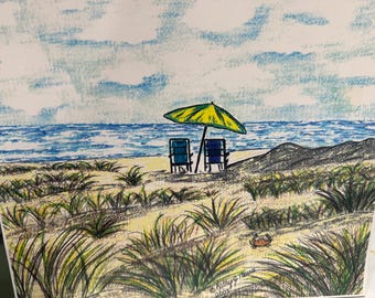 A Day at The Beach Watercolor Print 13 1/2 X 11