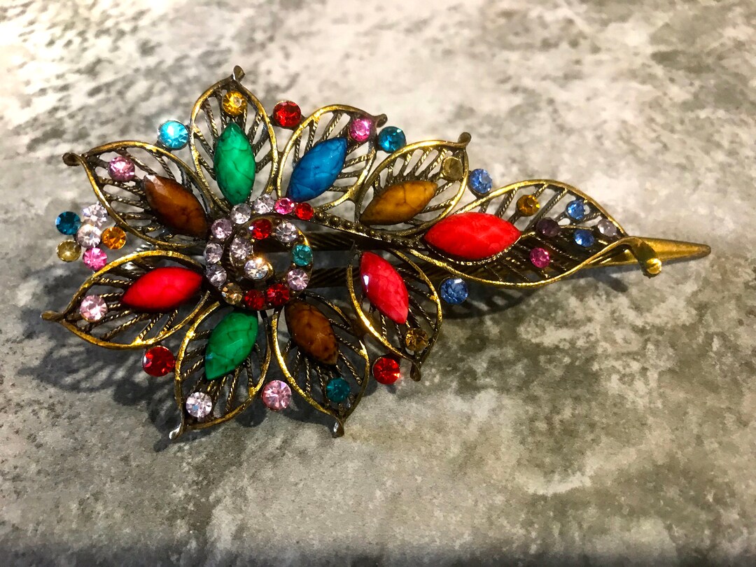 Vintage Art Deco Style Large Flower Rhinestone Hair Clip Vintage Art Deco Style Large Floral Colored Rhinestones Hair  main image 2