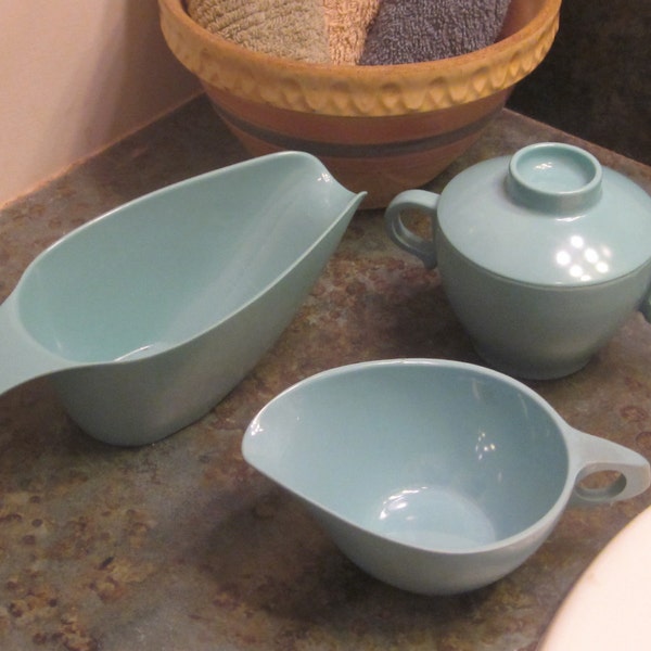 1950's Aqua Melmac Sugar, Creamer and Gravy Boat