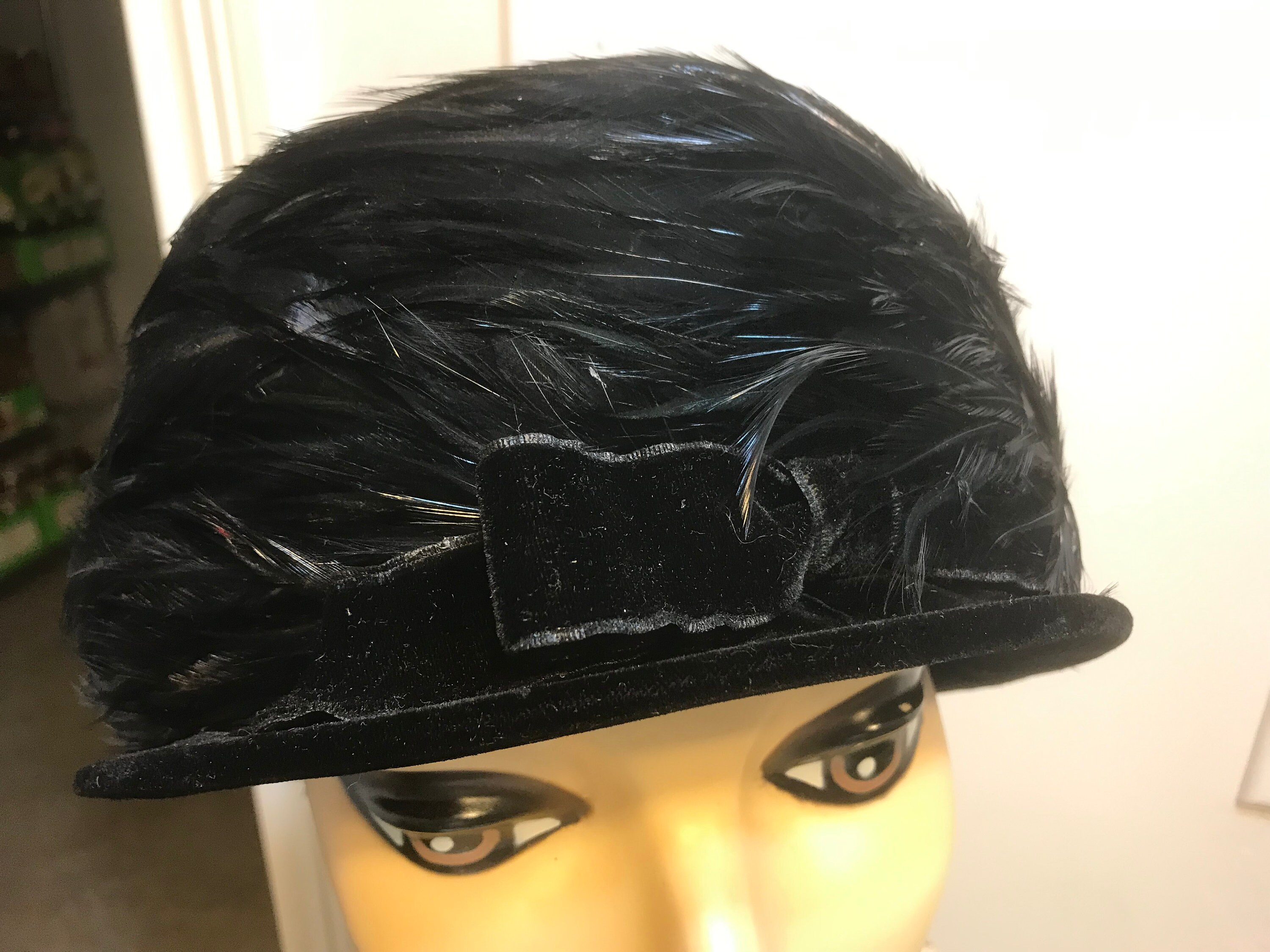 Vintage 40s Wool Cloche Bell Hat Velvet Trim Feather Black Vintage-inspired black velveteen hat with 1930s trim main image 4