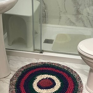 Handmade Farmhouse Rag Rug 28 Inch Diameter Greens, Reds and Mauves etc.