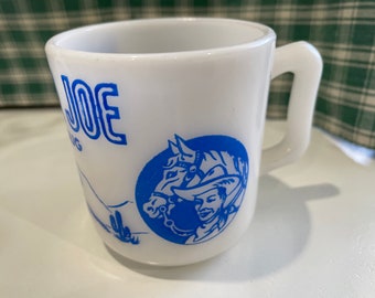 1950's Blue Design Hazel Atlas Ranger Joe Mug Milk Glass