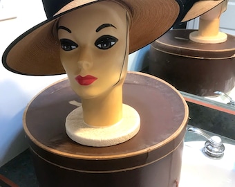 Vintage 1950's Janet Models Straw and Black Velvet Ribbon Cartwheel Hat