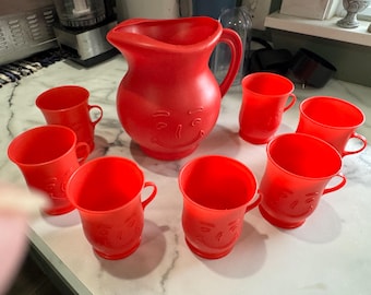 1970's Kool-Aid Man Red Pitcher and 7 Red Cups
