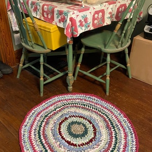 Handmade Farmhouse Rag Rug 34 Inch Diameter Greens and Mauves etc.