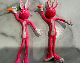 1980s 5 Inches Tall Pink Rabbits With a Carrot Bendy Qty of 2 - Etsy