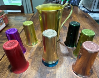 Qty of 8 1950's Color Craft Aluminum Anodized Tumblers and 1 Pitcher