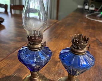 Vintage Qty o 2 Hong Kong Blue Glass Oil Lamps
