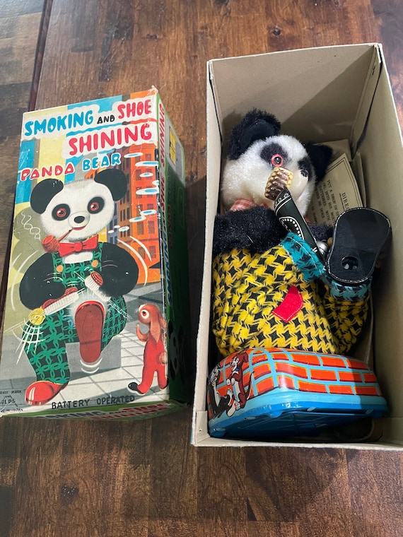 1960s Alps Japan Shoe Shine Pipe Smoking Panda Tin Litho Battery